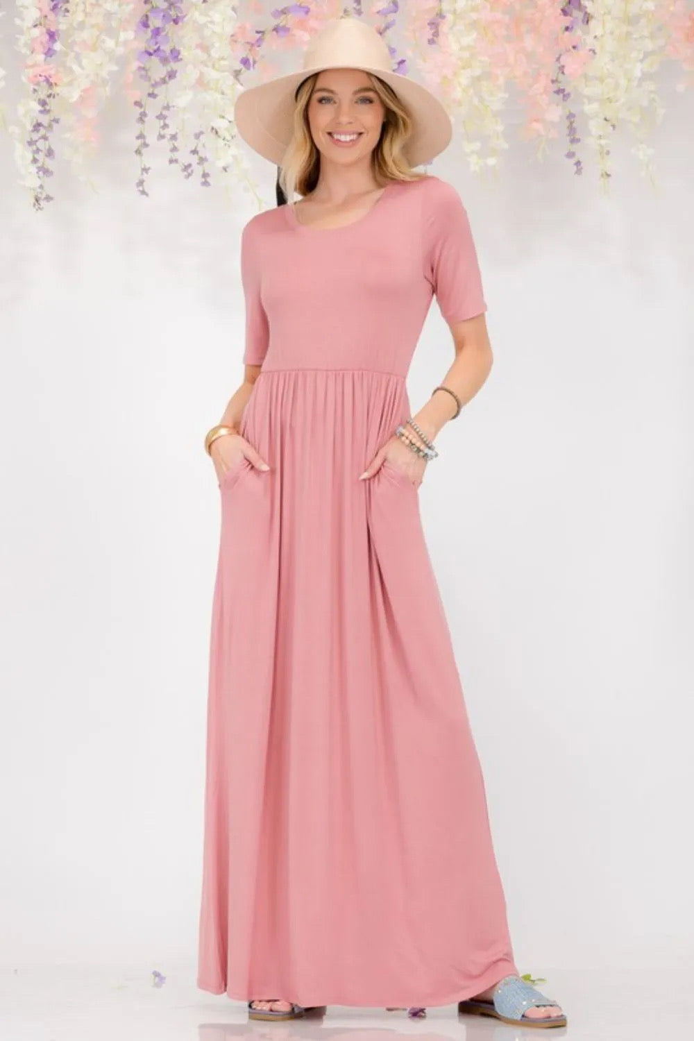 Celeste Full Size Round Neck Short Sleeve Maxi Dress with Pockets
