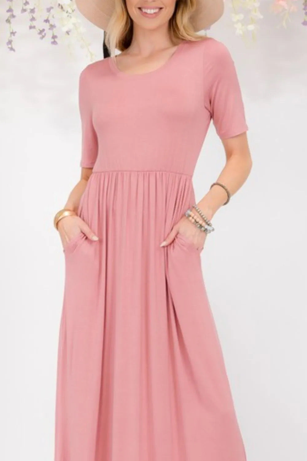 Celeste Full Size Round Neck Short Sleeve Maxi Dress with Pockets