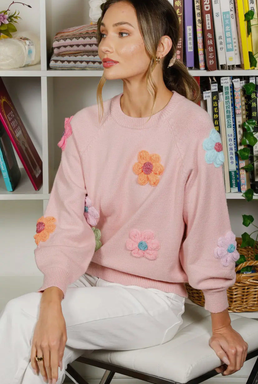 Crew Neck Puff Sleeve Flower Embroidered Sweatshirt