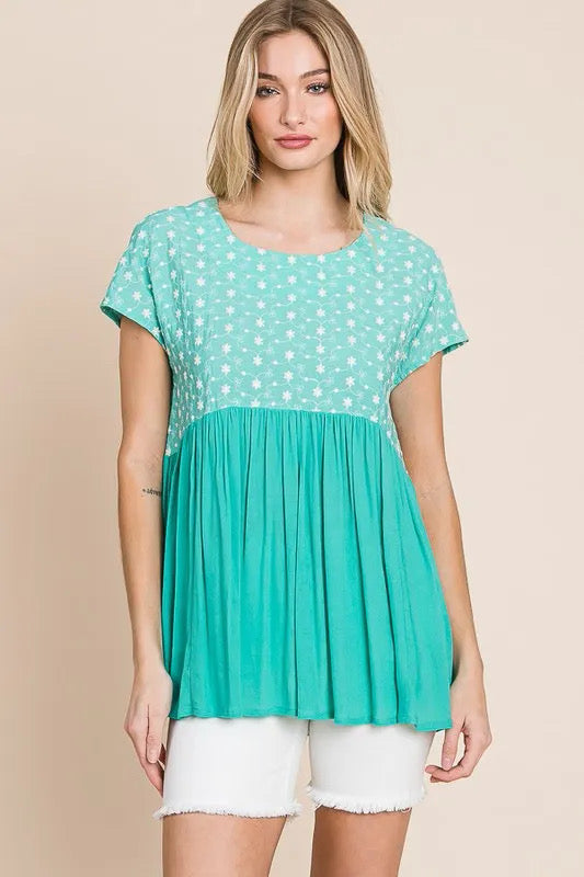 Lime 'N' Chili Full Size Embroidered Short Sleeve Pleated Babydoll Top