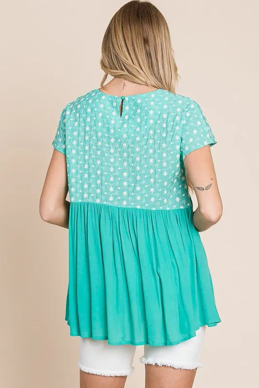 Lime 'N' Chili Full Size Embroidered Short Sleeve Pleated Babydoll Top
