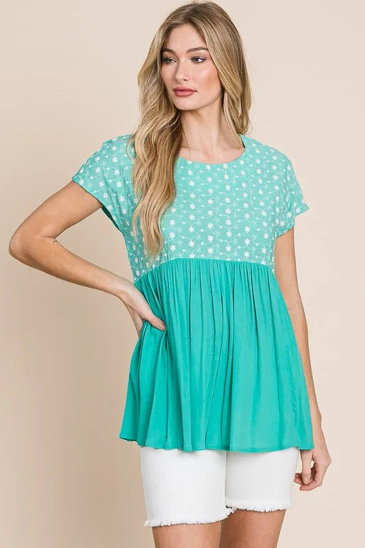 Lime 'N' Chili Full Size Embroidered Short Sleeve Pleated Babydoll Top