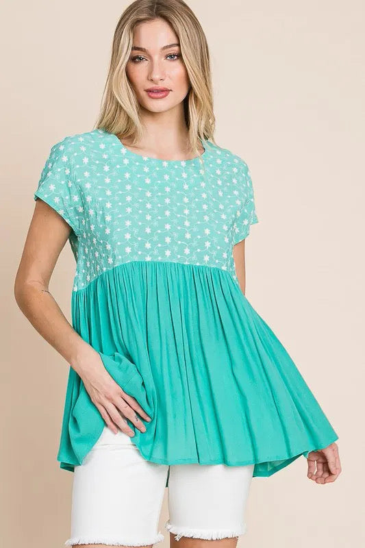 Lime 'N' Chili Full Size Embroidered Short Sleeve Pleated Babydoll Top
