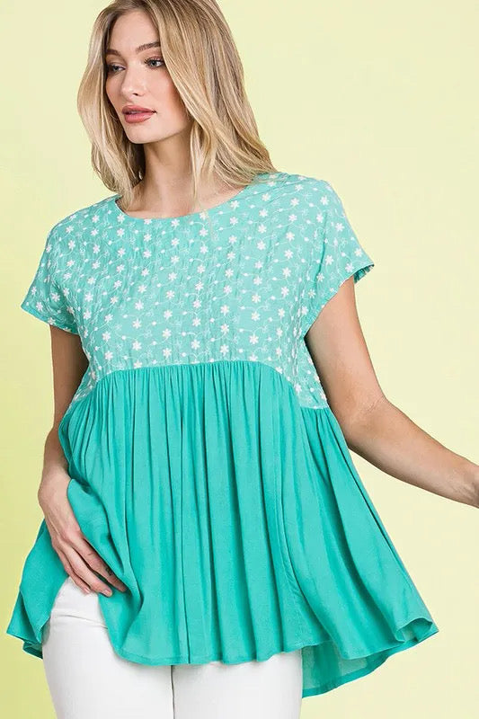 Lime 'N' Chili Full Size Embroidered Short Sleeve Pleated Babydoll Top
