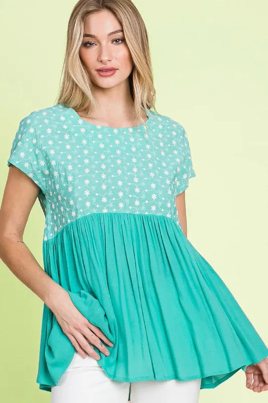 Lime 'N' Chili Full Size Embroidered Short Sleeve Pleated Babydoll Top