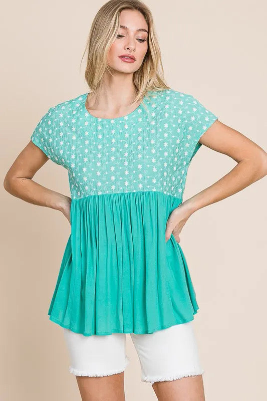 Lime 'N' Chili Full Size Embroidered Short Sleeve Pleated Babydoll Top
