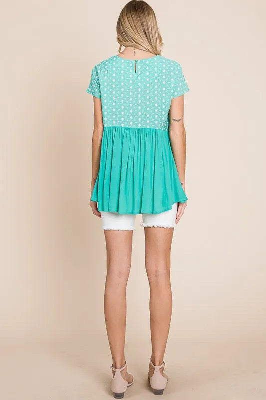 Lime 'N' Chili Full Size Embroidered Short Sleeve Pleated Babydoll Top
