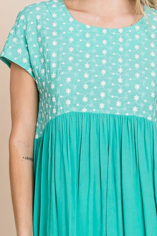 Lime 'N' Chili Full Size Embroidered Short Sleeve Pleated Babydoll Top