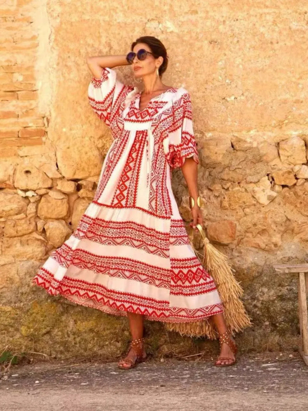 Full Size Printed V-Neck Balloon Sleeve Maxi Dress Plus Size