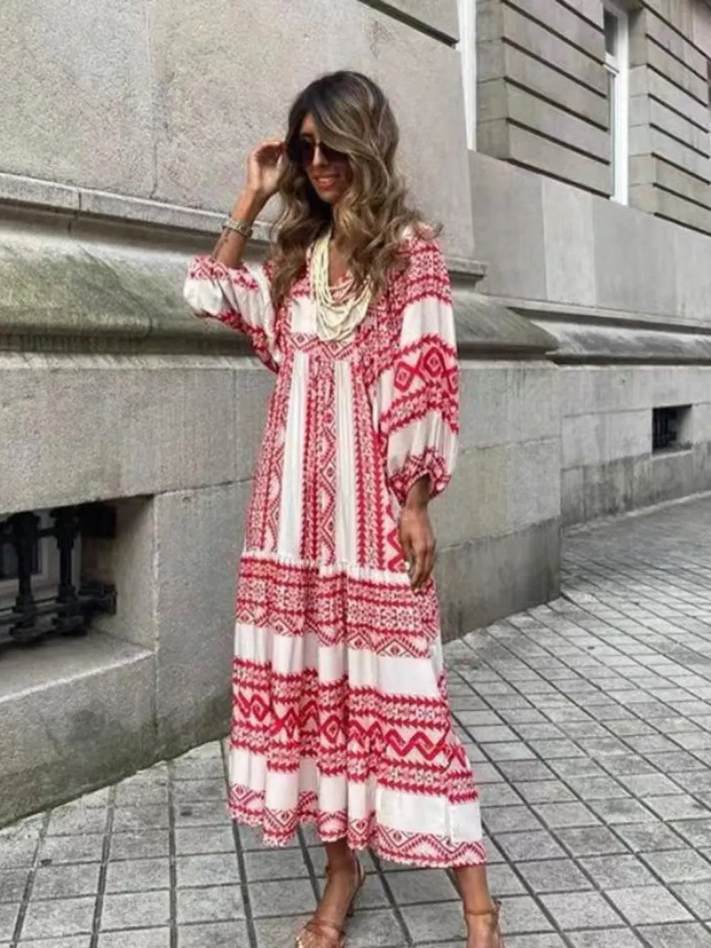 Full Size Printed V-Neck Balloon Sleeve Maxi Dress Plus Size