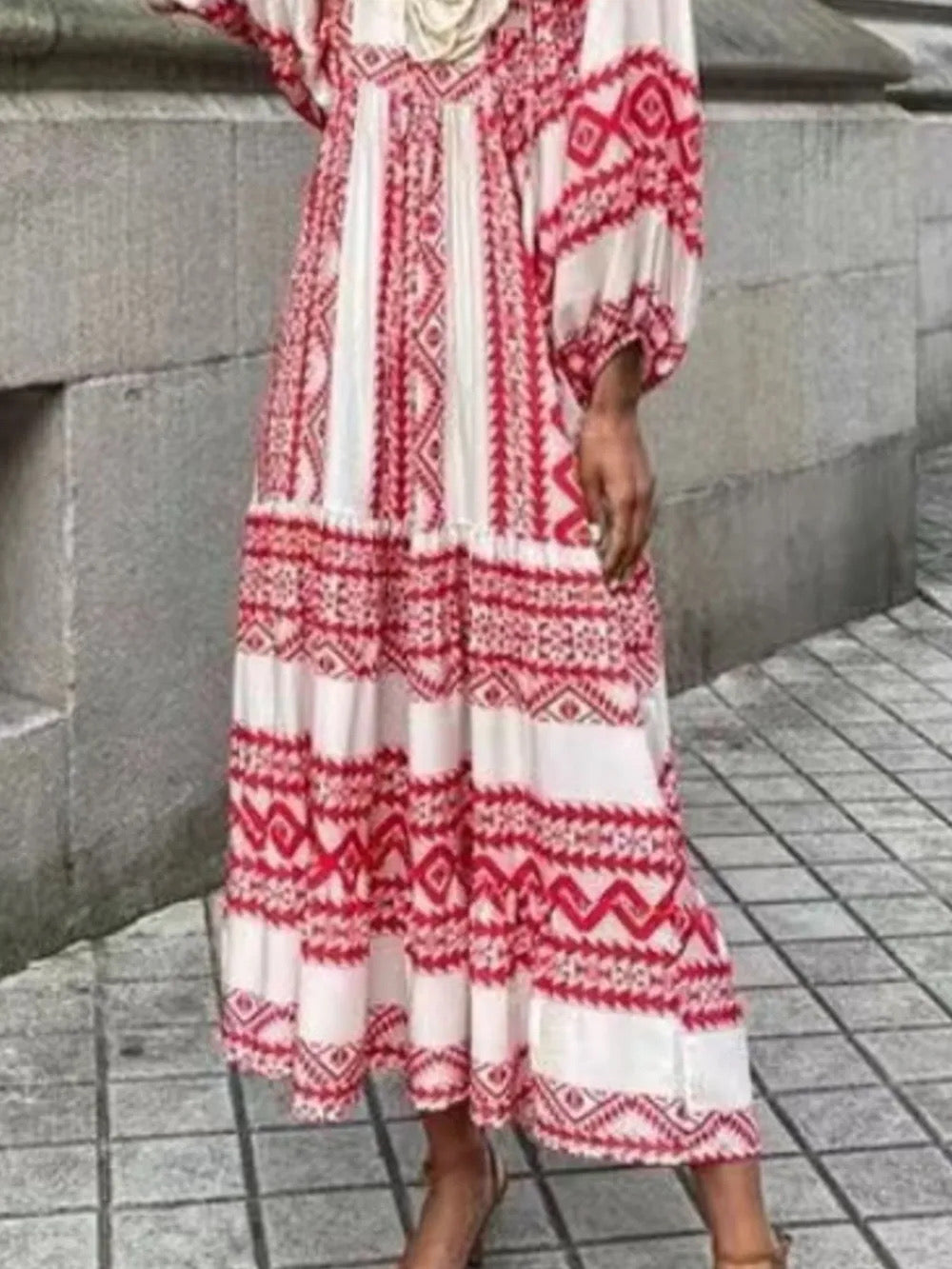 Full Size Printed V-Neck Balloon Sleeve Maxi Dress Plus Size