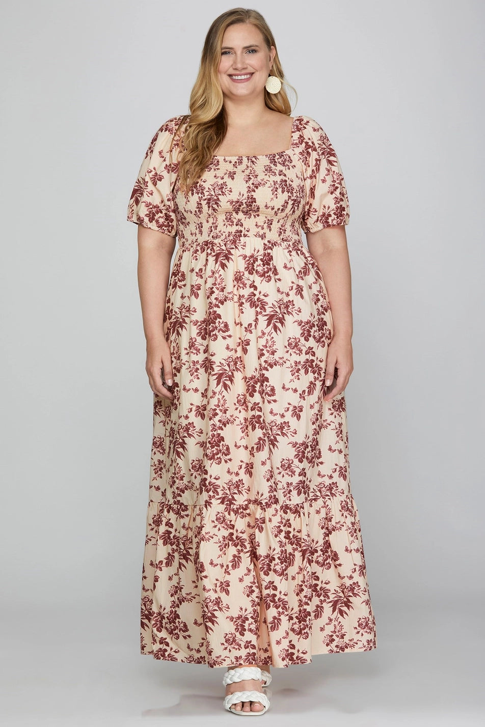 Plus Woven Floral Print Smocked Maxi Dress