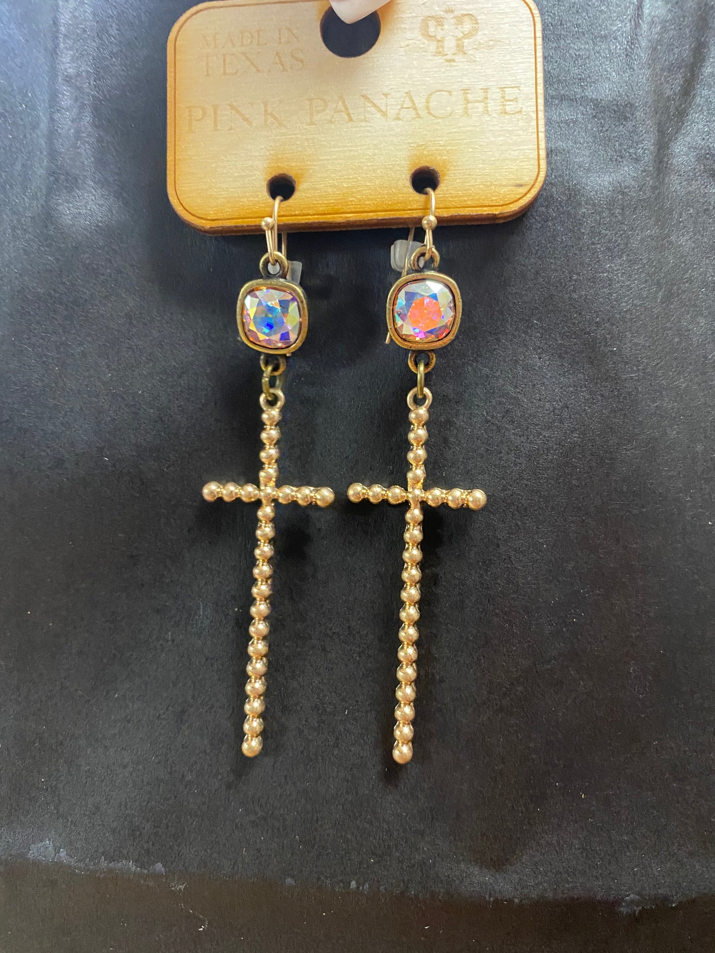 Pink Panache Gold Beaded Cross Earrings