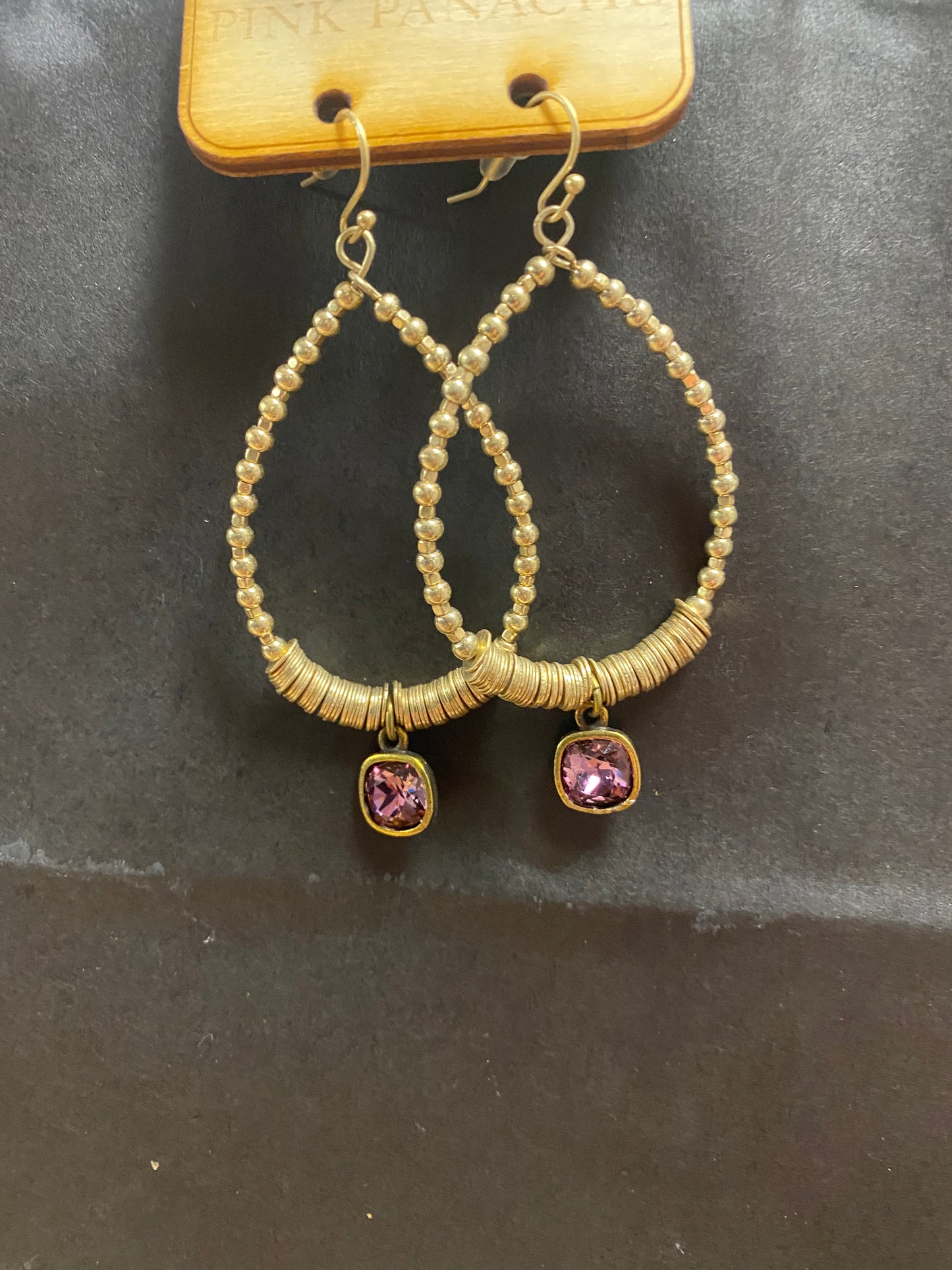 Pink Panache Gold Beaded Teardrop Hoops with Purple Stone
