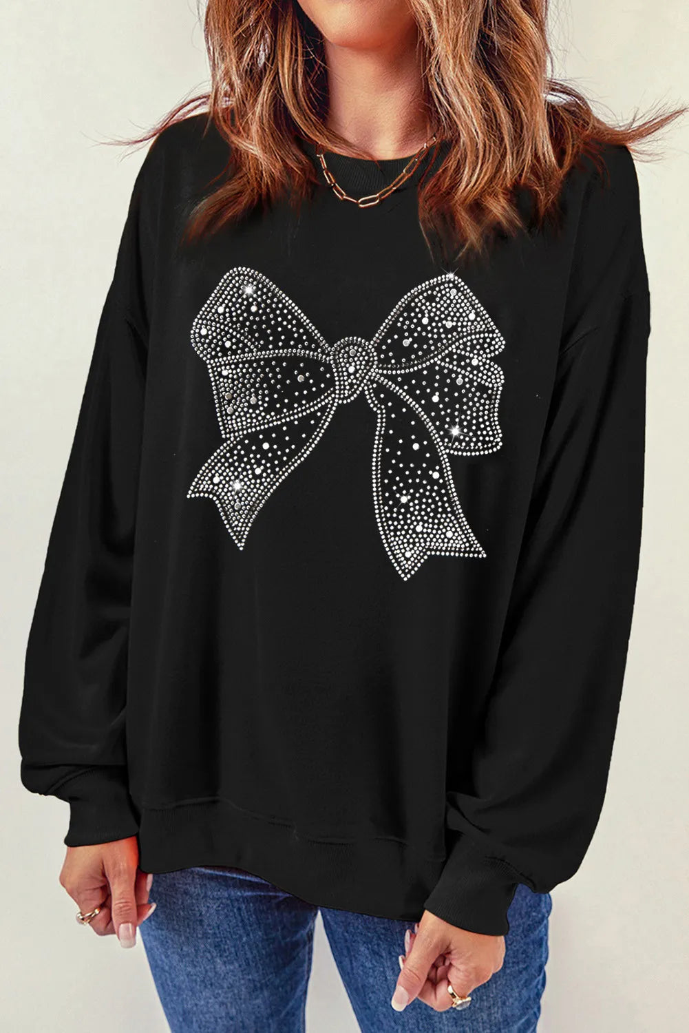 Rhinestone Bow Round Neck Long Sleeve Sweatshirt