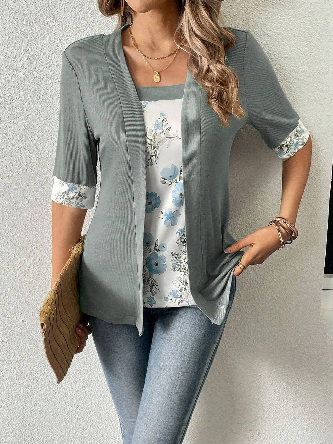 Faux Layered Printed Half Sleeve Top