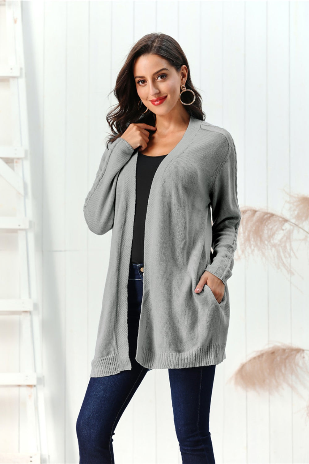 Cable-Knit Open Front Long Sleeve Cardigan