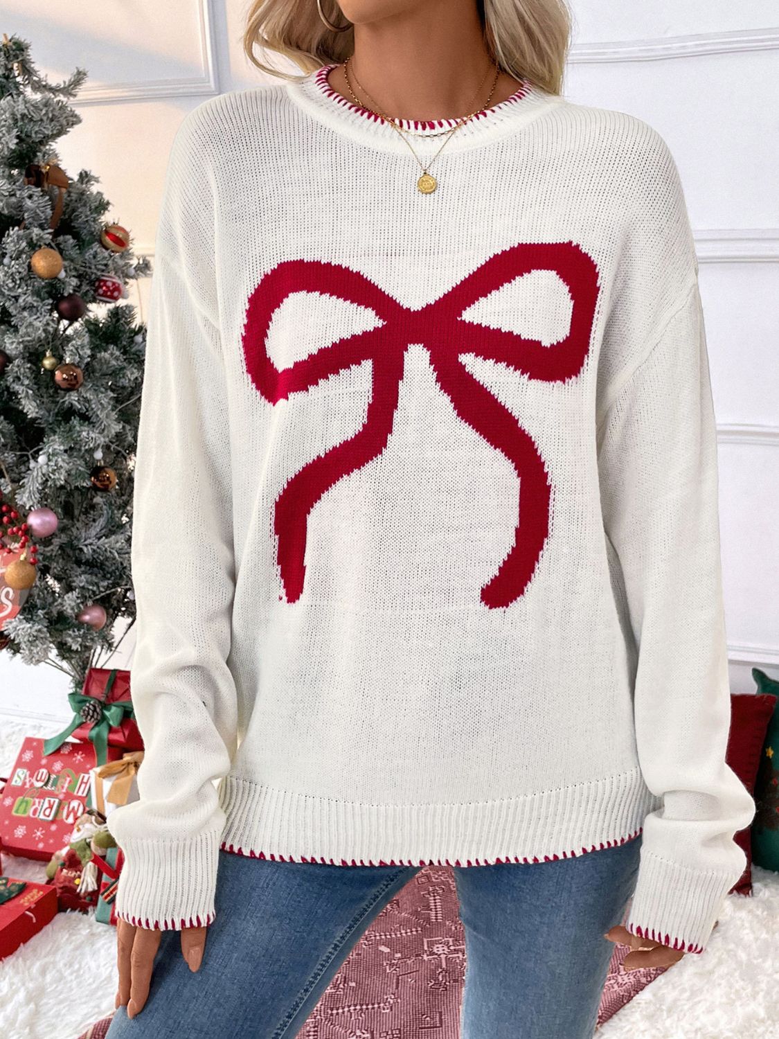 Perfee Bow Round Neck Long Sleeve Sweater