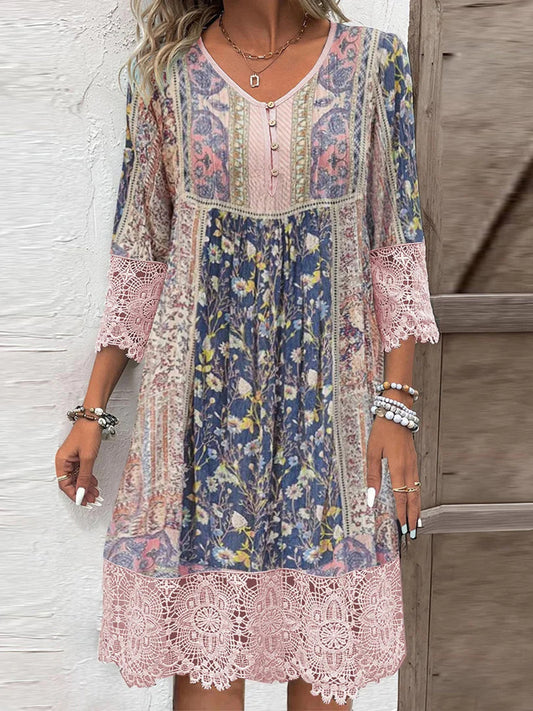 Full Size Lace Detail Printed Three-Quarter Sleeve Dress