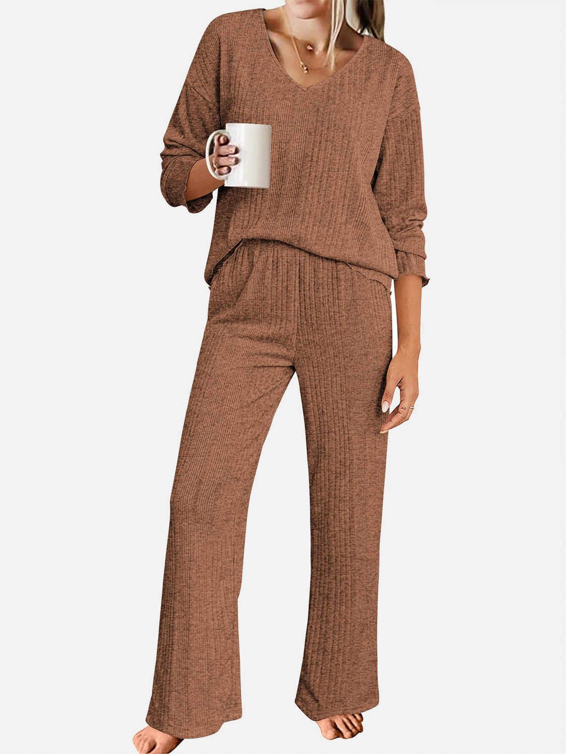 V-Neck Long Sleeve Top and Pants Set