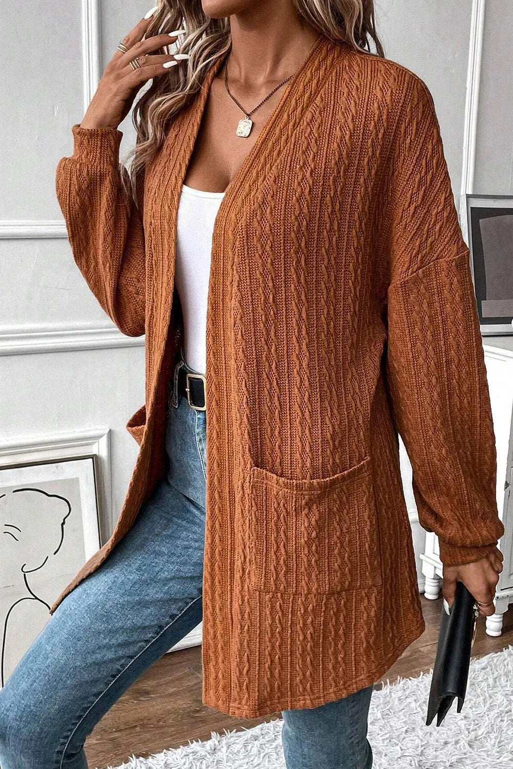 Textured Pocketed Open Front Long Sleeve Cover Up