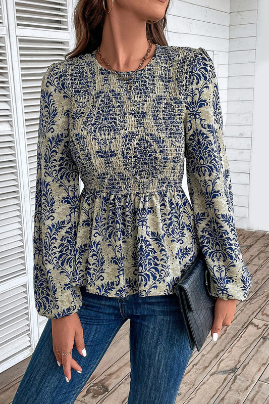 Peplum Printed Round Neck Long Sleeve Blouse