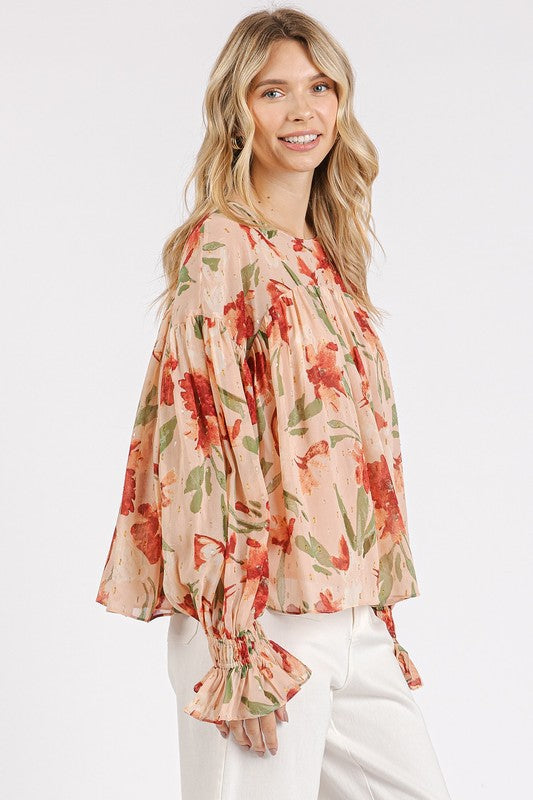 Mittoshop Floral Round Neck Flounce Sleeve Blouse