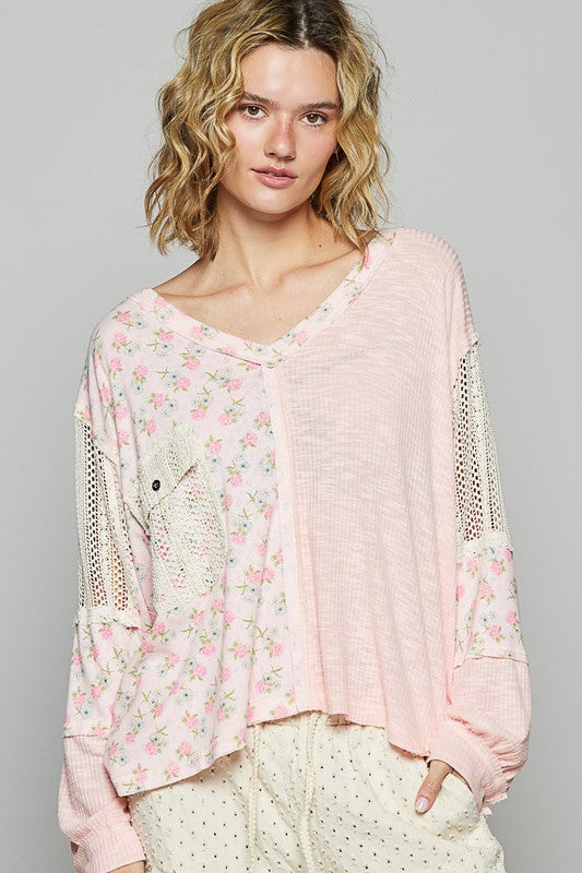 POL Floral Crochet Patch V-Neck Top