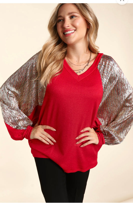 V neck Banded Raglan with Lurex Sleeves
