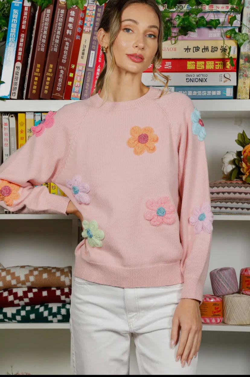 Crew Neck Puff Sleeve Flower Embroidered Sweatshirt