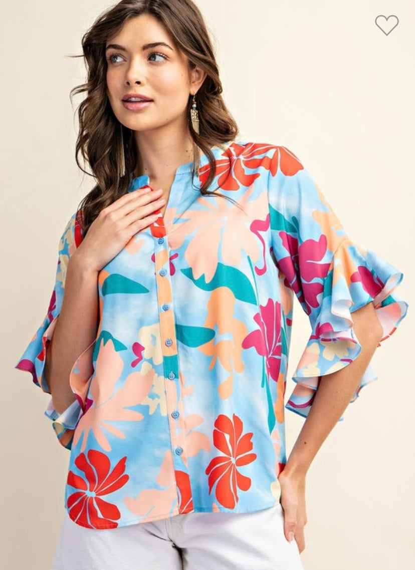 Floral Printed ruffle Bell Sleeve Top