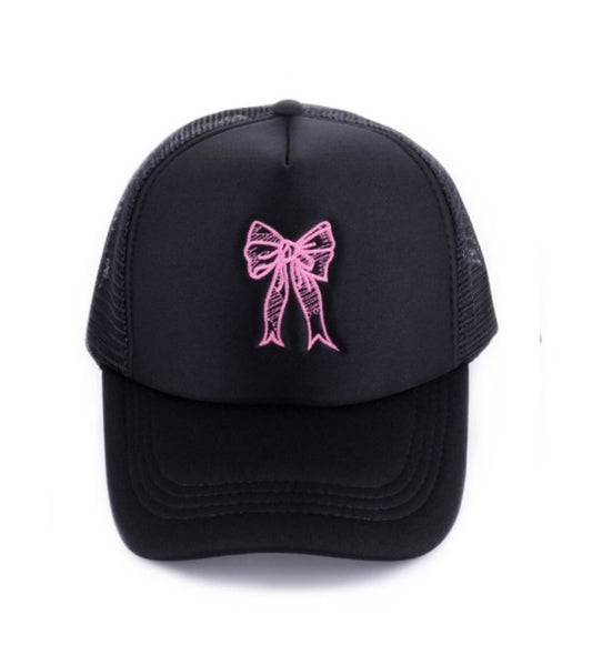 COQUETTE RIBBON BOW EMBROIDERY TRUCKER HAT