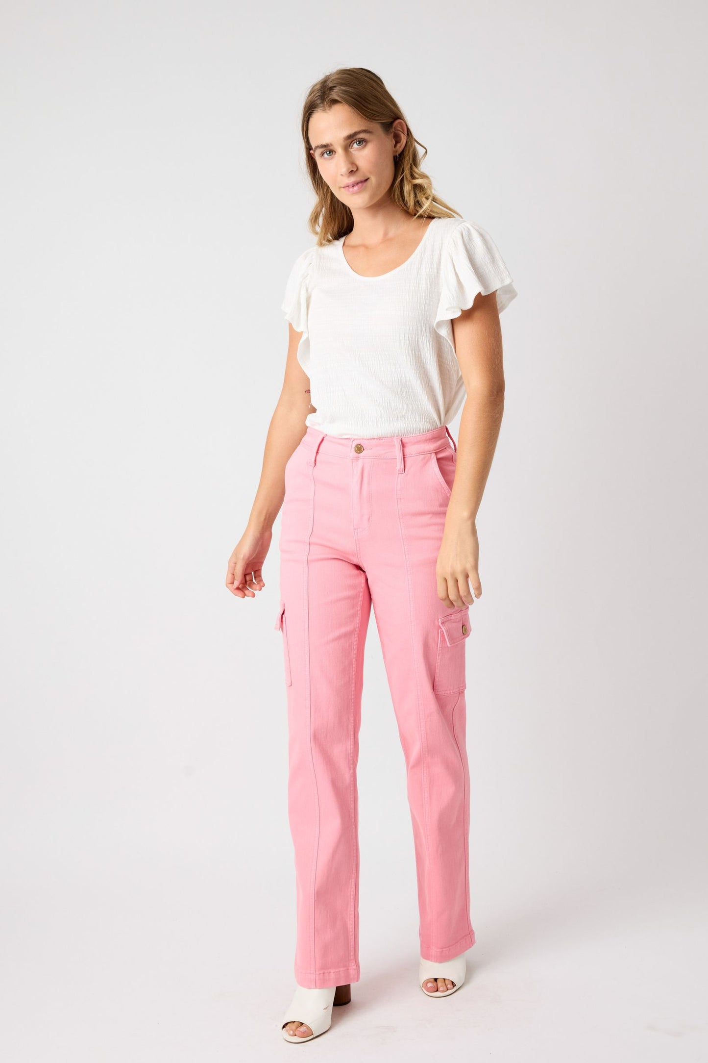 High Waist Garment Dyed Cargo Straight Pink