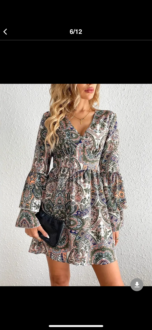 Paisley Print Bell Sleeve Mini Dress