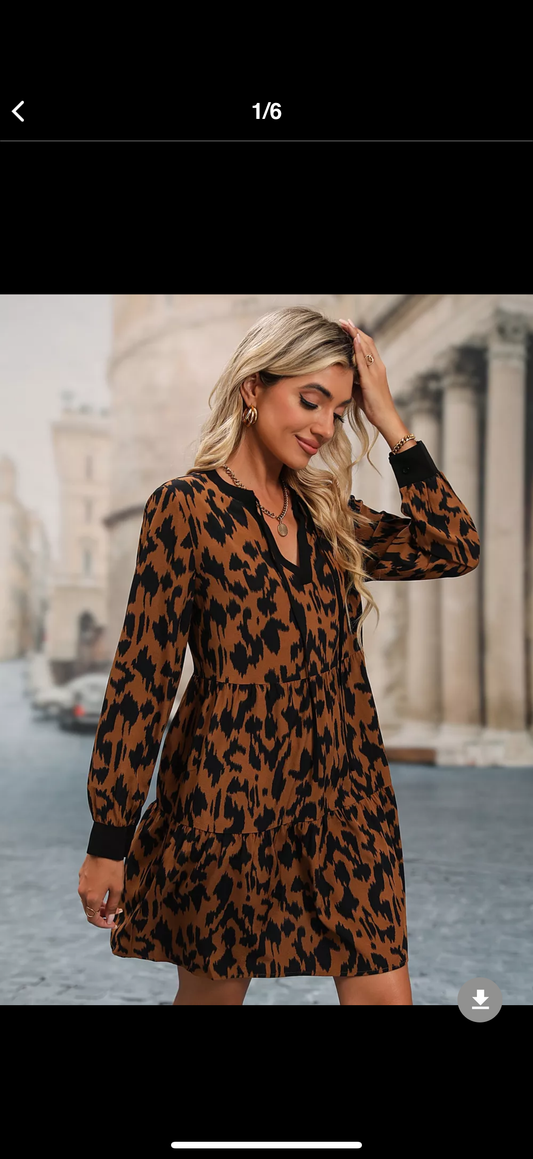 Leopard Tie Neck Long Sleeve Dress