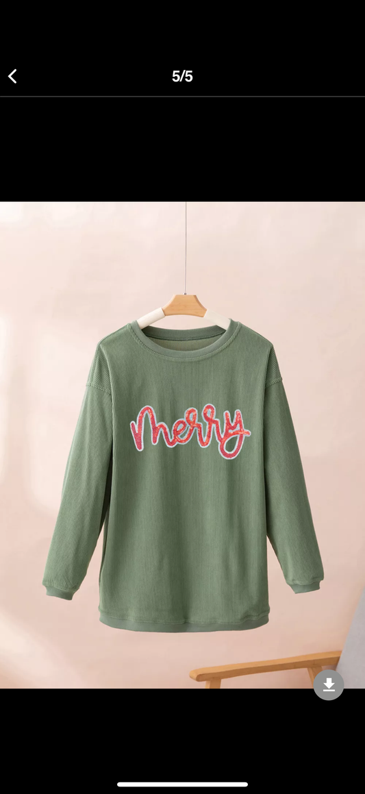 Merry Letter Christmas Sequined Twisted Ribbed Sweatshirt