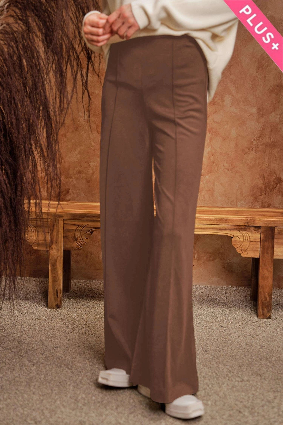 Plus Elastic Ruffled Solid Casual Long Full Pant