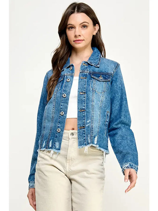 Ladies' Cropcut Denim Jacket with Distressed