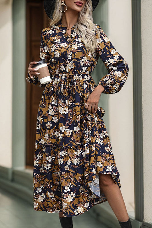 Print Long Sleeve V Neck Dress