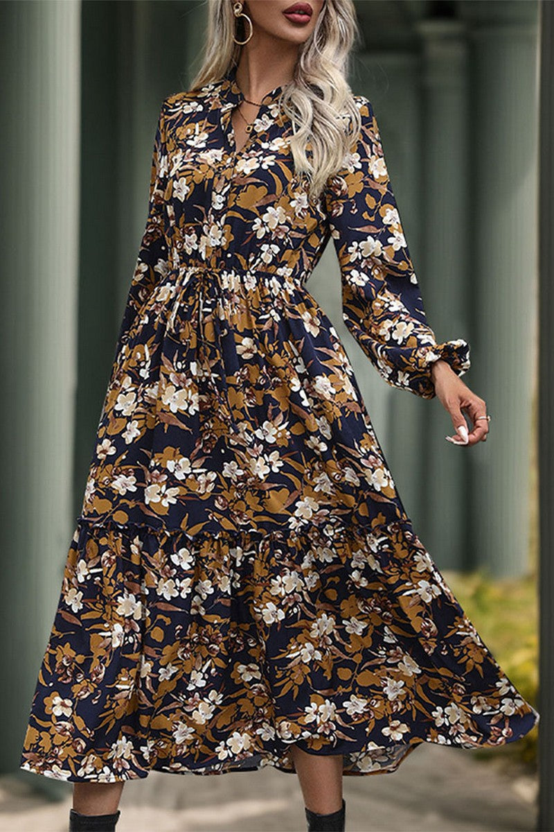 Print Long Sleeve V Neck Dress