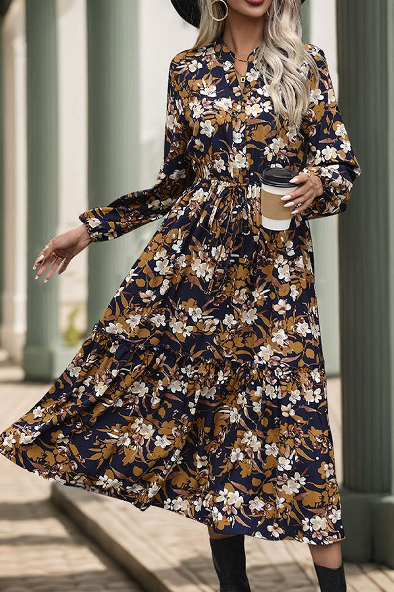 Print Long Sleeve V Neck Dress