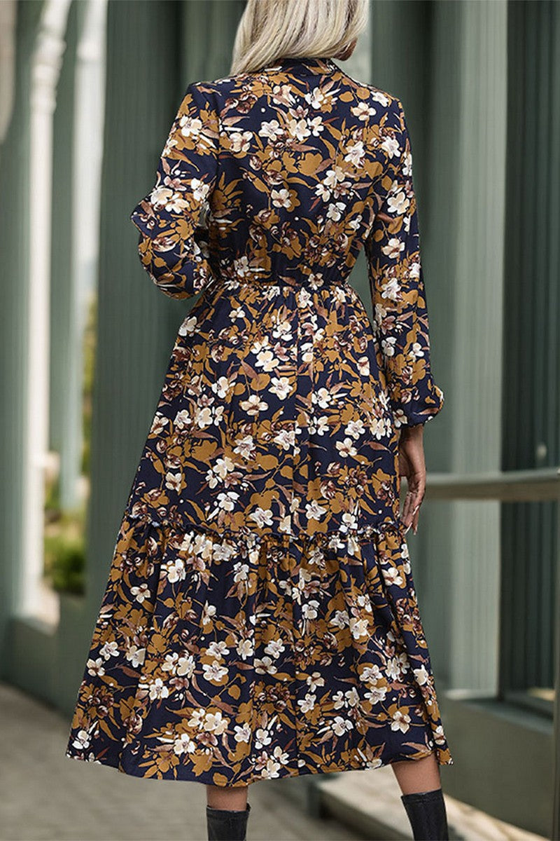 Print Long Sleeve V Neck Dress