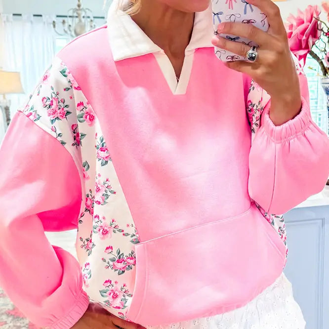 Floral Patchwork Pockets Stand Collar Pullover Top