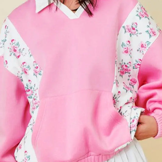 Floral Patchwork Pockets Stand Collar Pullover Top