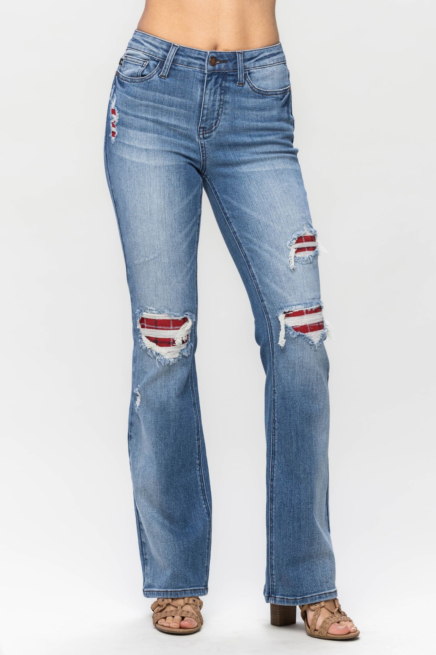 Mid Rise Plaid Patch Detail Bootcut