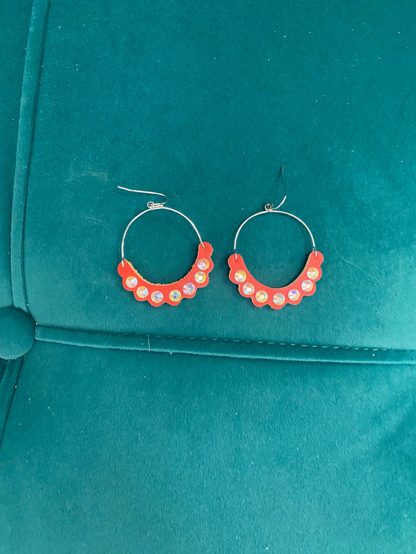 Silver Hoops with Scalloped Red Leather and AB Stones
