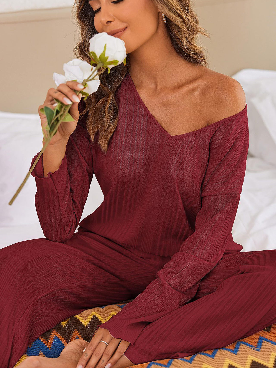 V-Neck Long Sleeve Top and Pants Set