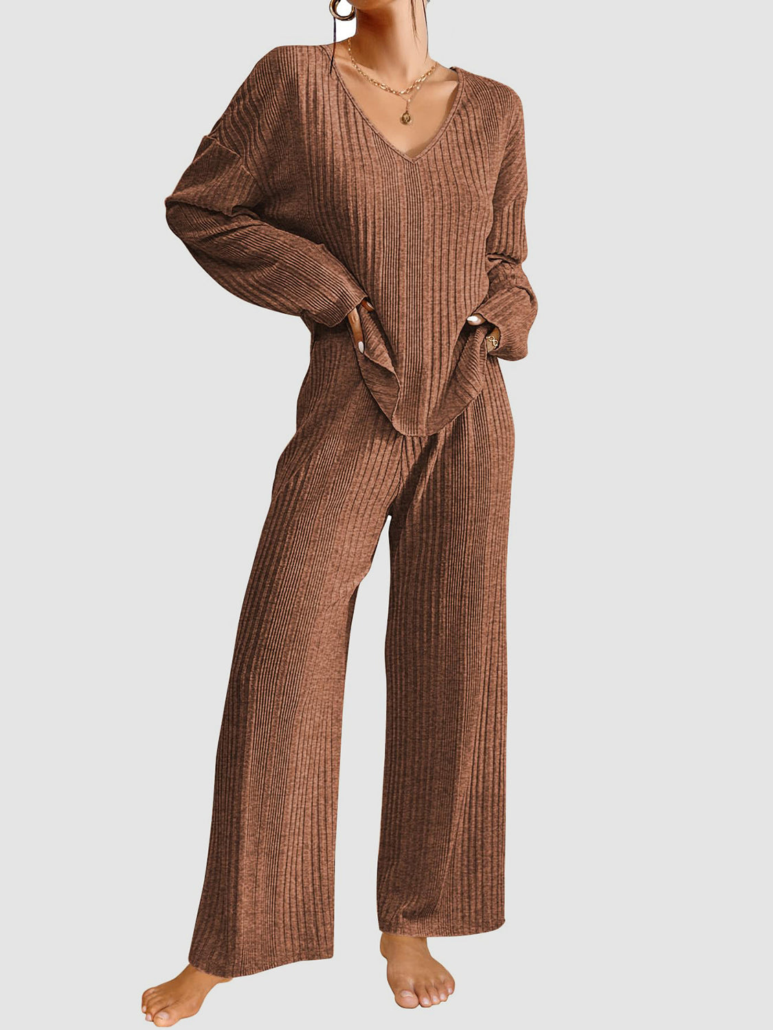 V-Neck Long Sleeve Top and Pants Set