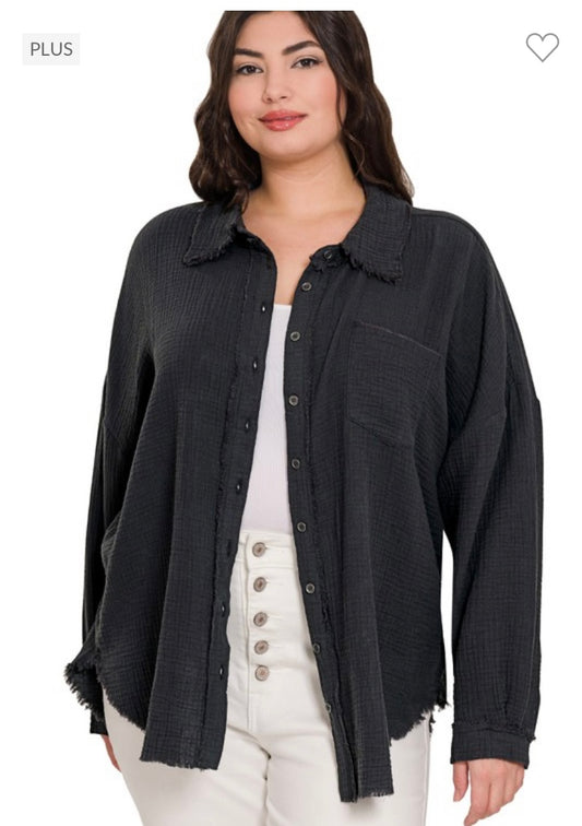 Black Gauze Oversized Button Up top with Raw Edge