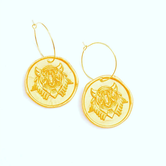 Gold Wax Seal Tiger Earrings